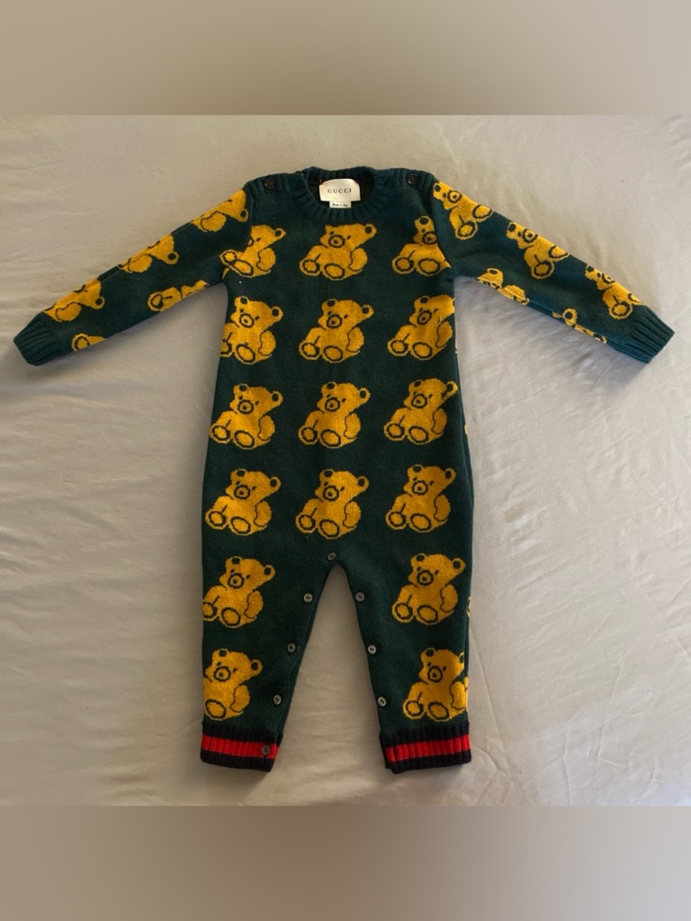 GUCCI KIDS Bears Jacquard Wool Baby 12M-18M Onesie with Buttons